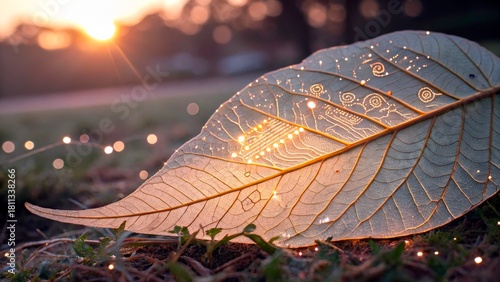 Beautiful leaf with intricate patterns and glowing lights during sunset in a tranquil outdoor setting