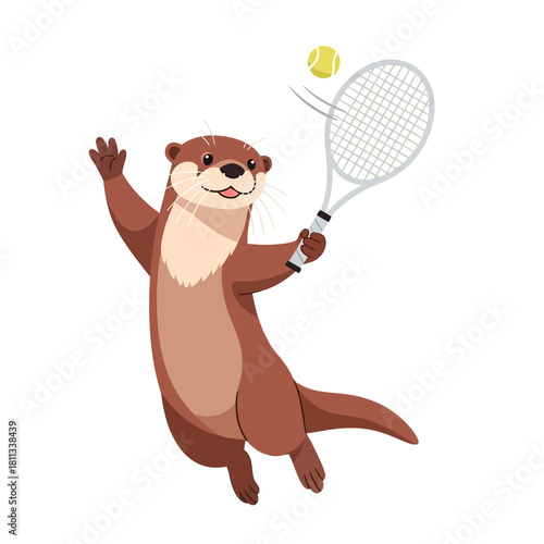 Cute otter playing tennis with a racket and ball