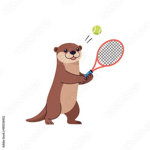 A cheerful otter holding a tennis racket ready to hit the ball