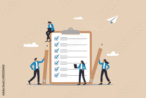Teamwork completing task checklist, business planning and success
