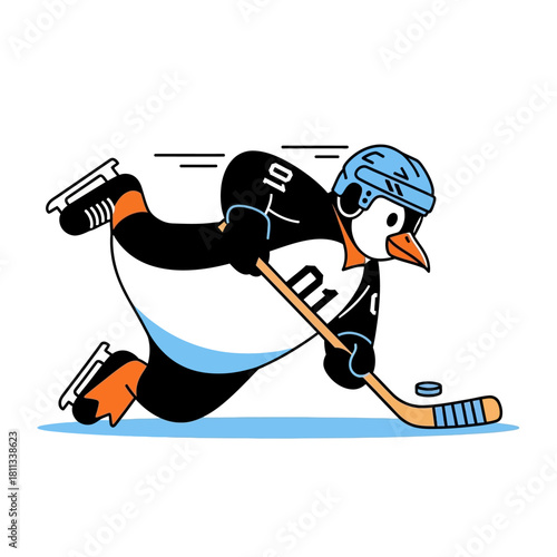 Penguin Hockey Player in Action with Puck and Stick