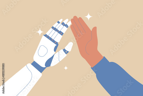 Robot and human high-five, depicting modern collaboration and unity