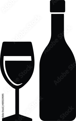 Wine bottle and wine glass vector icon on white background