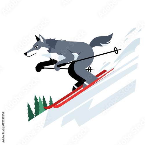 Energetic Wolf Skier Descending a Snow-Covered Mountain Slope in a Stylized Illustration