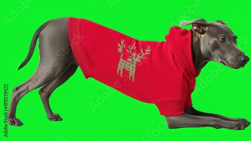 Cute dog wearing a festive red hoodie with a reindeer design on a bright green background