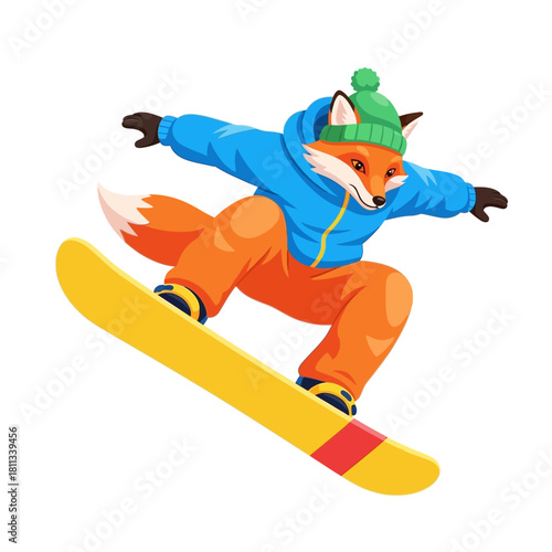 Cartoon fox character snowboarding in winter clothes
