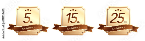 5周年・15周年記念！高級感のある長方形メダルバッジセット ブラウンリボン付きの金色の周年アニバーサリーメダル anniversary 