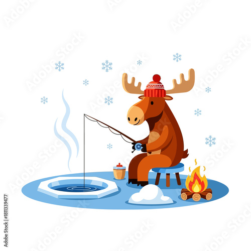 Cute cartoon moose fishing on ice in winter