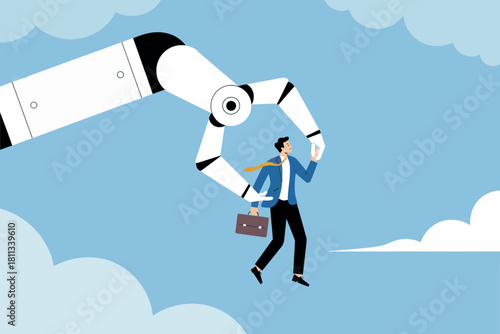 Artificial intelligence robot arm holds businessman in the air