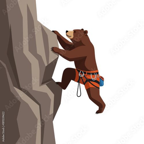 An adventurous bear in climbing gear scaling a steep mountain rock