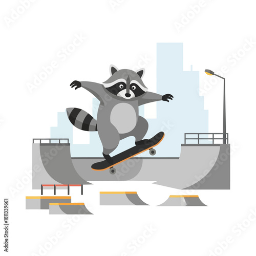 Raccoon skateboarding on a ramp at a skatepark
