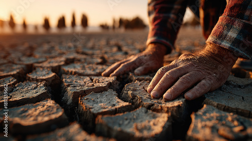 pickle happy Farmer surveying dry, cracked soil in golden hour light, climate change, agricultural livelihood under stress 