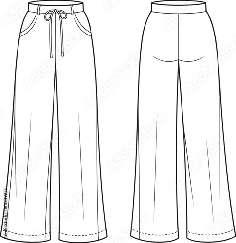 Women wide leg pants front back sewing pattern with drawstring waist side pockets apparel technical flat for fashion design tech pack