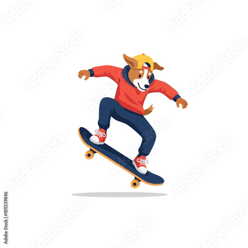 Dog skater performing a stunt on a skateboard isolated on white background