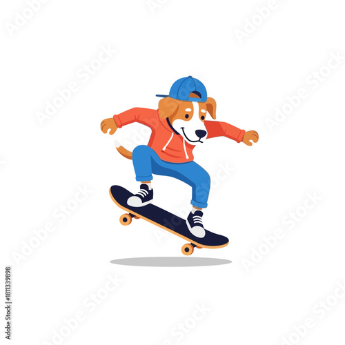 Happy dog in a blue cap riding a skateboard