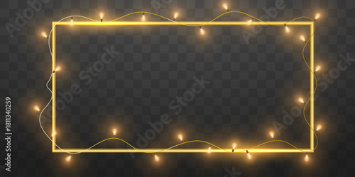 Golden frame with bright garlands. Vector. On a transparent background.