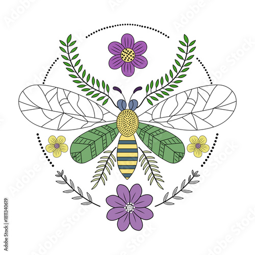 A vintage style illustration showing botanical bee