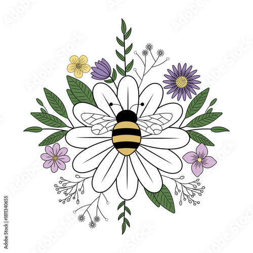 A vintage style illustration showing floral bumblebee