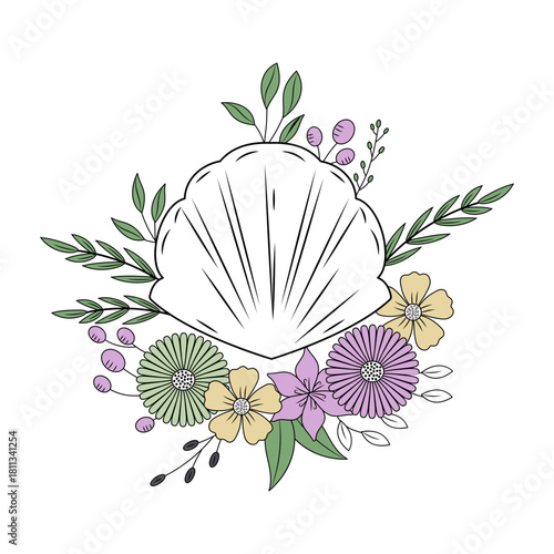 A vintage style illustration showing scallop shell