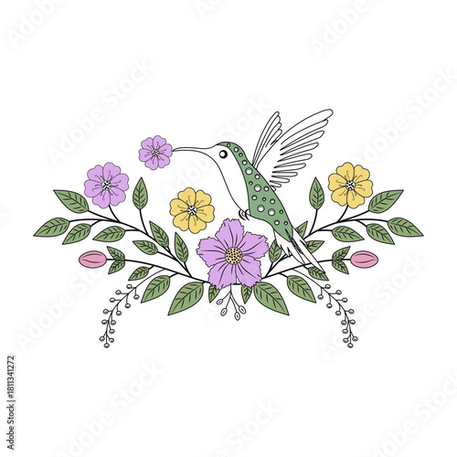 A vintage style illustration representing floral hummingbird