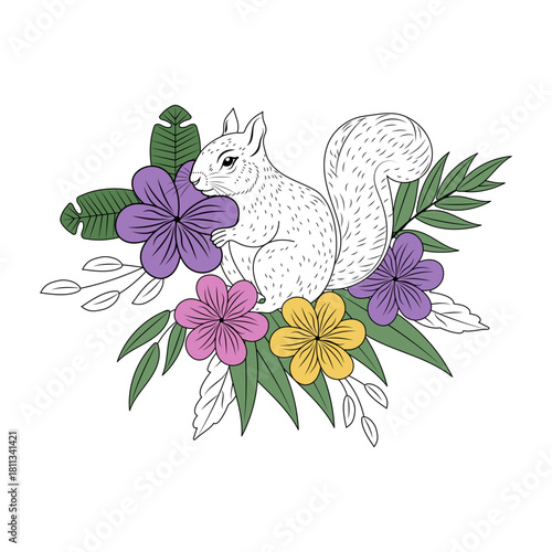 A vintage style illustration representing floral squirrel