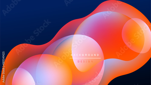 Abstract fluid shapes overlap, creating vibrant color gradients. Background is dark, emphasizing bright orange, pink, blue hues. Modern design element.