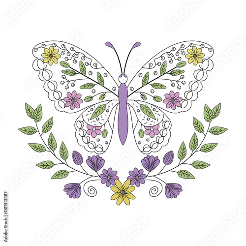 A vintage style illustration showing ornamental butterfly