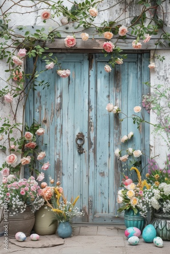 Easter Farmhouse Door Backdrop with Colorful Eggs and Floral Arrangements.