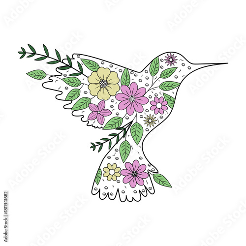 A vintage style illustration showing floral bird