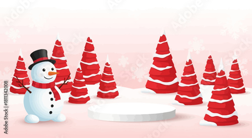 Winter Wonderland A Cheerful Snowman and Festive Christmas Trees with a Podium in a Snowy Scene