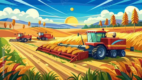 Very beautiful scene of multiple combines harvesting a golden wheat field on a clear autumn day in rural North Dakota, showcasing organized farm work, rolling plains, and powerful agricultural equipme