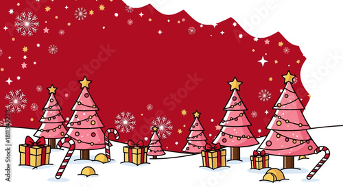 Festive Christmas Scene with Decorated Trees, Gifts, and Snowflakes on a Red Background