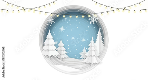 Winter Wonderland Papercut Trees & Snow Globe Scene with Festive Lights