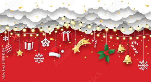 Festive Christmas Decorations Banner on Red Background with Clouds