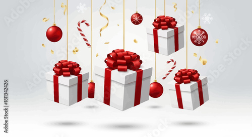 Festive Holiday Gifts and Decorations Floating on a White Background