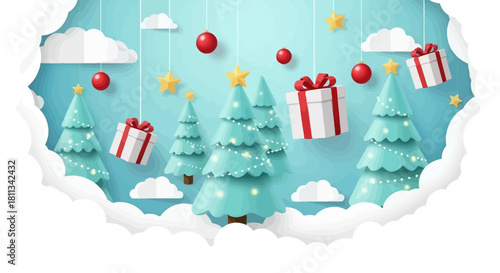 Festive Christmas Scene with Decorated Trees, Presents, and Ornaments in a Paper Cutout Style