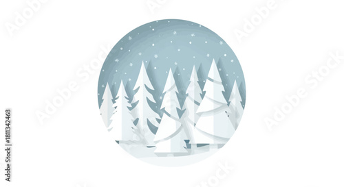 A papercraft illustration of a snowy winter forest with pine trees under a falling snow sky.