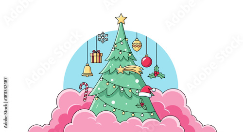 A beautifully decorated Christmas tree adorned with festive ornaments and lights, emerging from pink clouds.