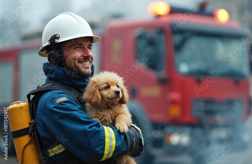 Firefighter in protective suit holds small puppy rescued from danger. Man wears helmet, oxygen tank, smiles near fire engine truck. Heroic rescuer safe animal from fire scene. Dog is cute, fluffy.