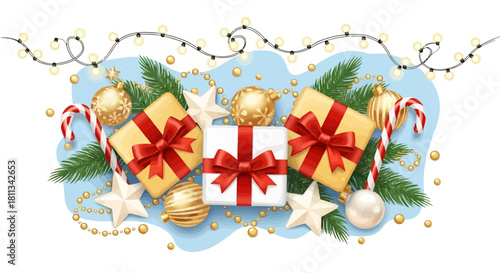 Festive Holiday Illustration Gifts, Ornaments, and Decorations for Christmas and New Year Celebrations