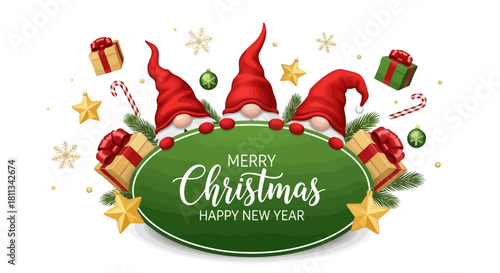 Merry Christmas and Happy New Year Festive Gnome Holiday Celebration with Gifts and Decorations