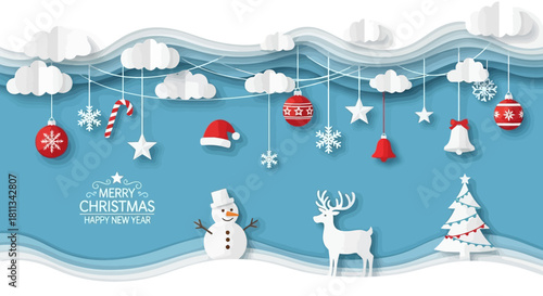 Christmas-themed paper cut-out design with ornaments, snowflakes, and a snowman against a blue backdrop.