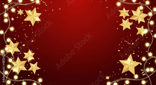 Elegant Festive Christmas Background with Golden Stars and String Lights on a Rich Red Backdrop