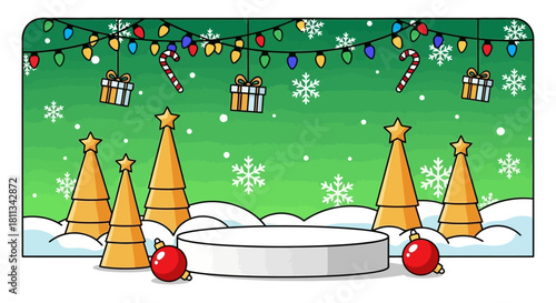 Christmas Stage Illustration Festive Scene with Trees, Presents, and Ornaments for Holiday Celebrations