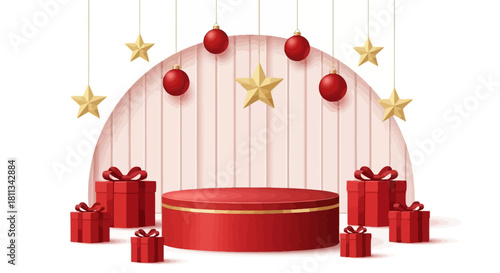 A festive red podium surrounded by gift boxes and adorned with Christmas ornaments and golden stars.