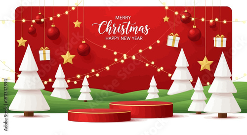 Festive Christmas scene with a red backdrop, ornaments, and a stage for product display.