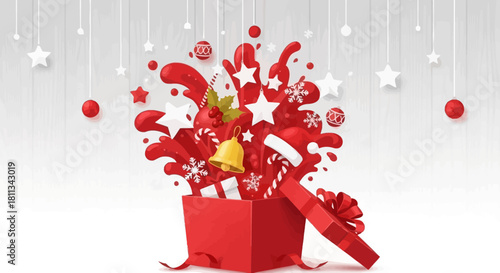 An open red gift box exploding with festive Christmas decorations and ornaments.