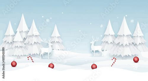 A serene winter landscape with snow-covered pine trees, gentle deer, and festive Christmas ornaments scattered across the snowy ground.