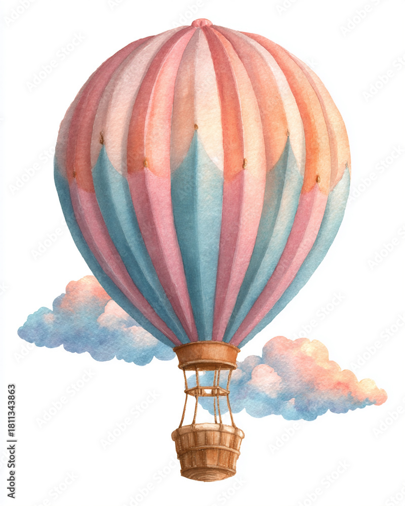 Obraz premium Soft watercolor hot air balloon in pastel pink and blue tones with fluffy clouds. Ideal for nursery decor, baby shower designs and whimsical art.