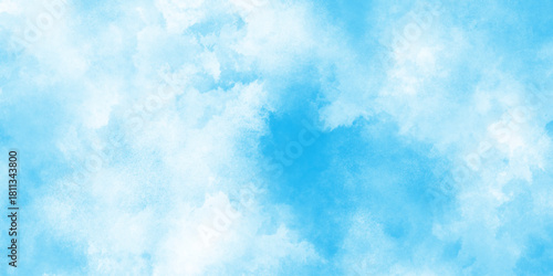  Abstract watercolor paint handmade illustration background, dusty blue classic with aged paint effect and minimal tonal variation, panorama of a bright blue sky adorned with fluffy white clouds.
